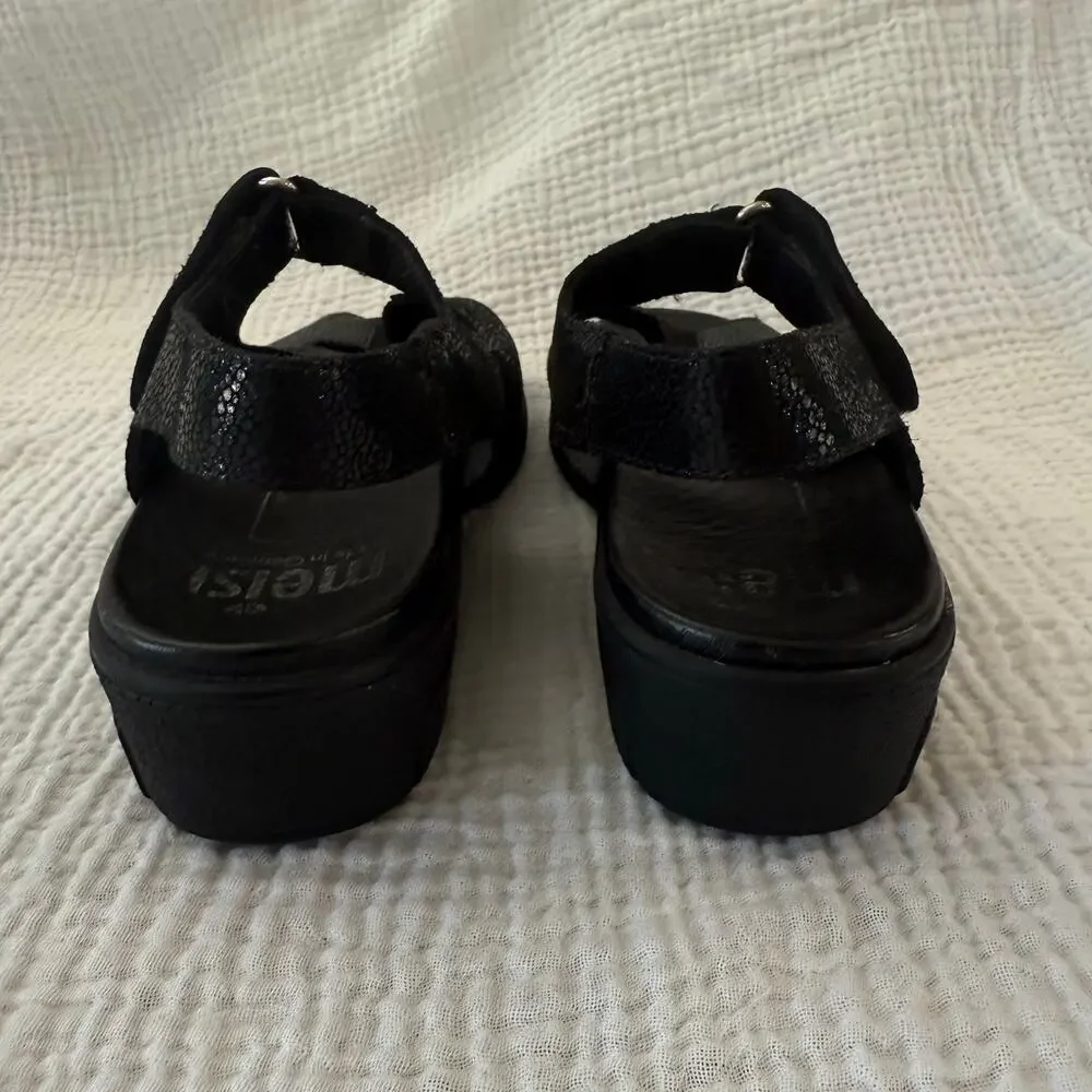 Meisi Women Sandals Size 6 Slides Black Leather Comfort Adjustable Strap Germany